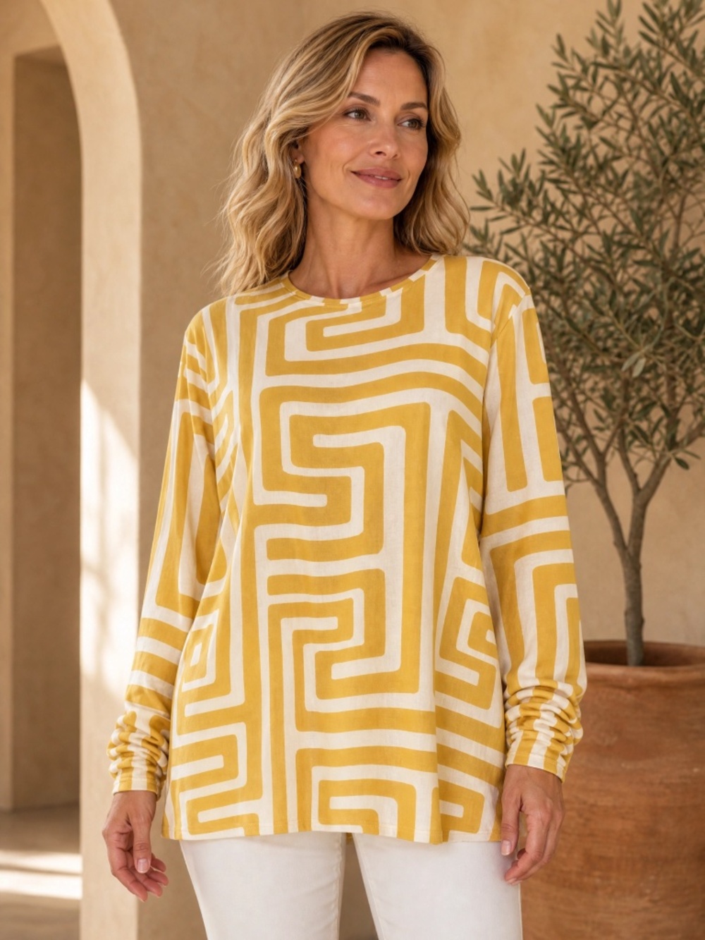 GREY by Jhoan Sebastian Yellow Geometric Print Mesh Knit Top XL